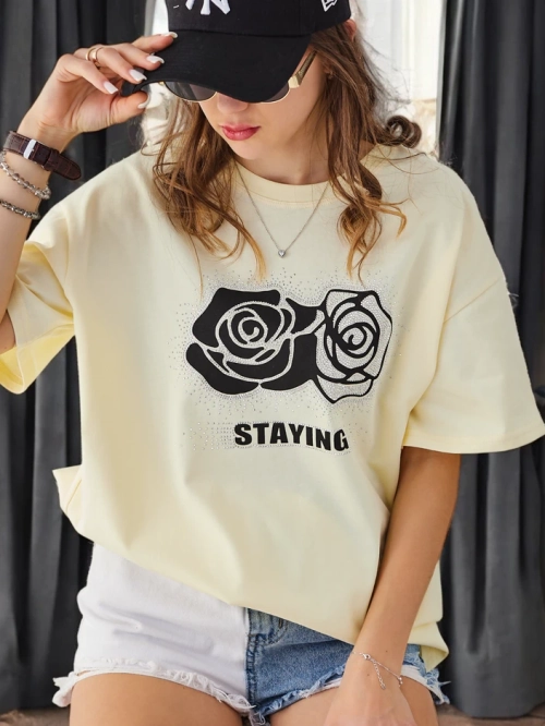 Royalfashion Жіноча бавовняна футболка з рожевою квіткою