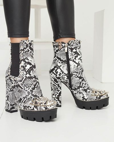 Schwarz-weiße, isolierte, verzierte und geprägte Damenstiefel Tegis - Footwear