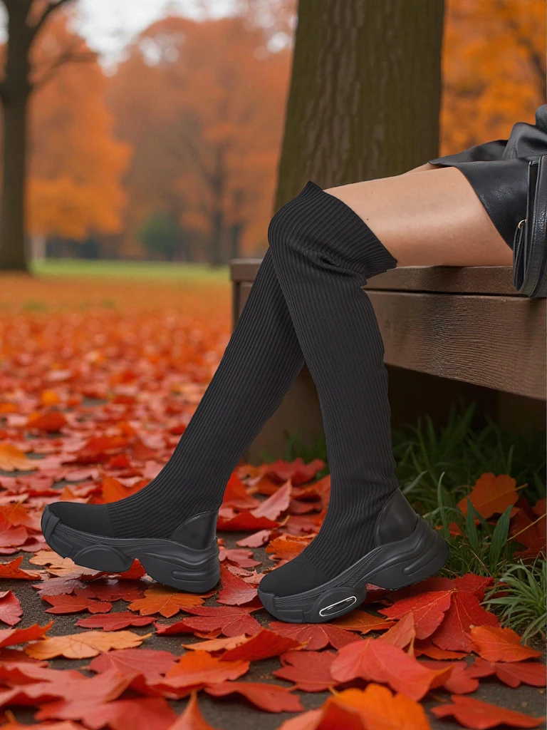 Lange Damen Schlupf-Overknee-Stiefel mit dicker Sohle Ravmora