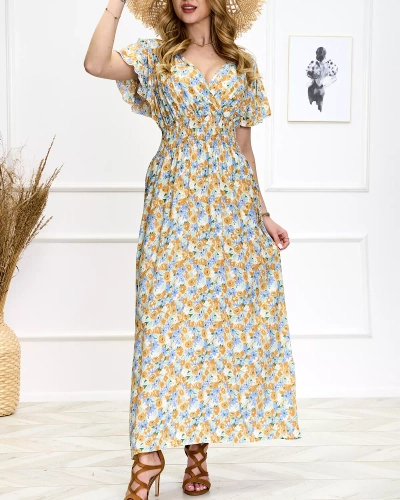 Blaues und gelbes Midikleid mit Blumenmuster - Schuhe