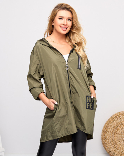 Dunkelgrüne lange Damen-Windjacke mit Verzierungen - Kleidung