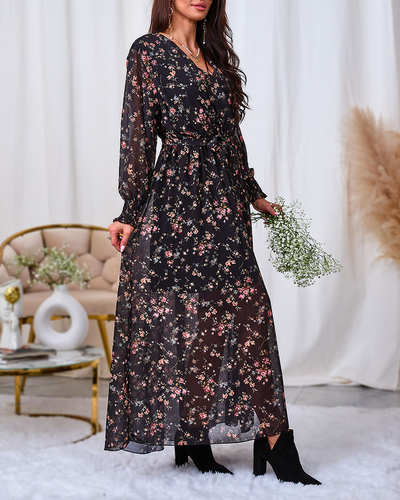 Royalfashion Schwarzes und rosafarbenes Midikleid aus Mesh mit Print
