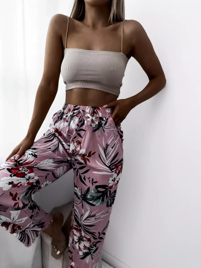 Hellrosa Damen Stoffhose mit Blumenmuster- Kleidung