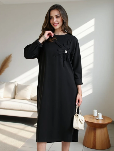 Royalfashion Damen Midi Kleid Stoff Oversized mit Blume