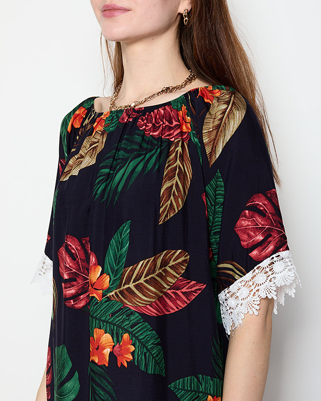 Marineblaue Damenbluse mit Blumen GROSSE GRÖSSE - Kleidung