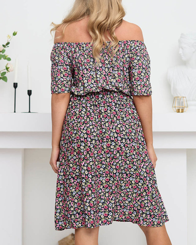 Marineblaues kurzes Sommerkleid für Damen mit bunten Blumen - Kleidung