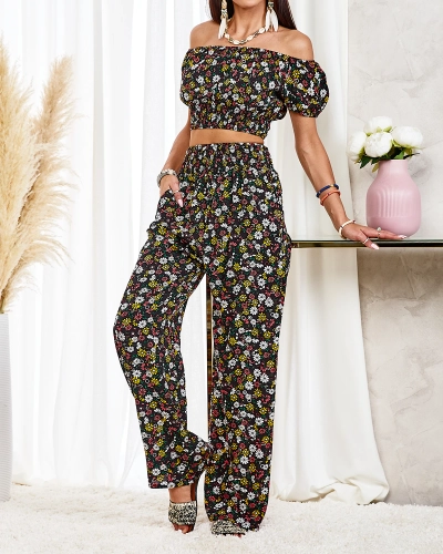 Royalfashion Schwarzes zweiteiliges Set für Damen mit Blumenmuster
