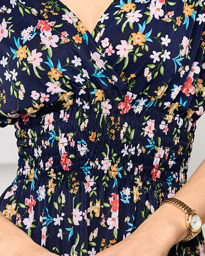 Marineblaues Schulterkleid mit Blumenmuster - Kleidung