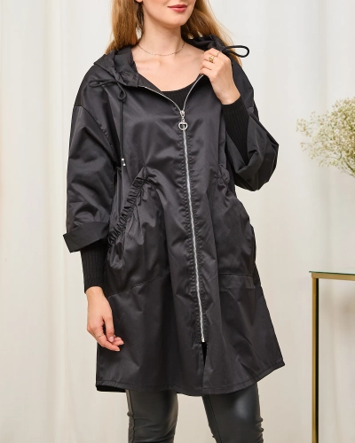 Schwarze Damenjacke Mantel mit Kapuze - Bekleidung