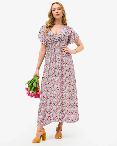 Florales beigefarbenes Damen Midikleid mit Umschlagausschnitt - Kleidung