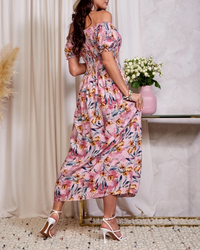 Rosa geblümtes Damen-Midikleid - Kleidung