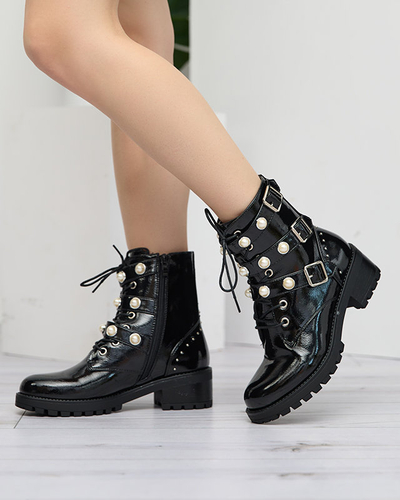 Schwarz lackierte Damenstiefel mit Perlen Salviso - Schuhe