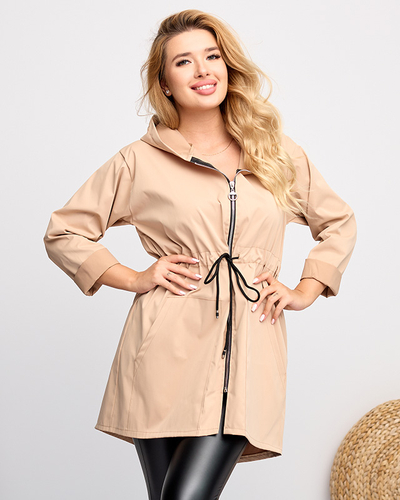 Beige lange Windjacke für Damen mit Bindebund - Kleidung