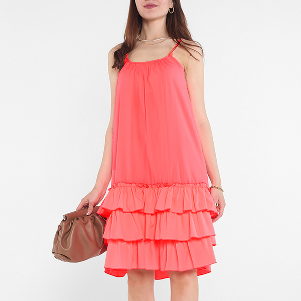 Pinkes Neon-Damenkleid an Trägern mit Rüschen - Kleidung