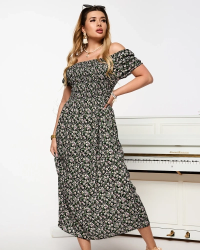 Floral schwarzes Damen Midikleid Kleidung