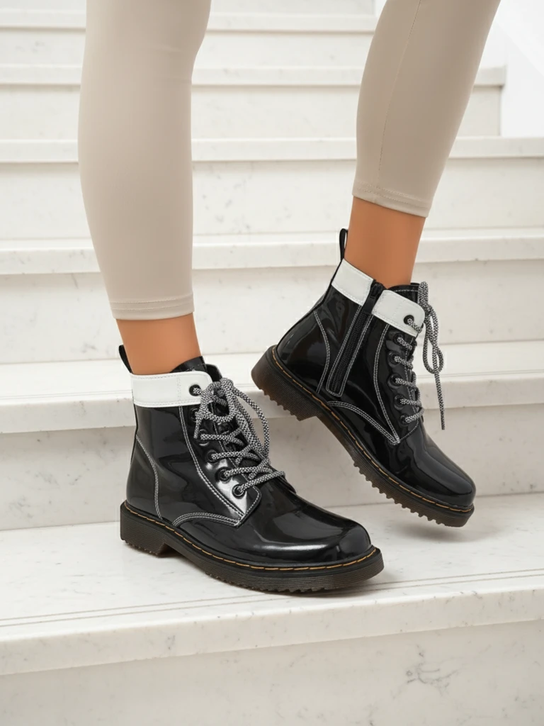 Damen Stiefeletten Perseida Nero aus ökologischem Lackleder, zum Schnüren