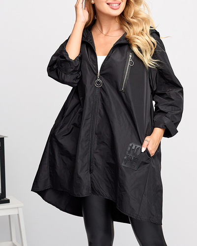 Schwarze lange Windjacke für Damen mit Verzierungen - Kleidung