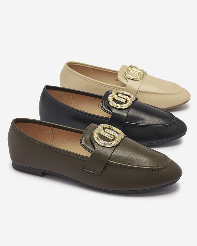 Dunkelgrüne Damenmokassins mit Goldverzierung Uletta - Footwear