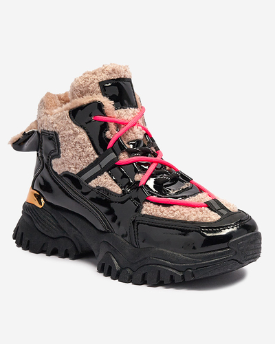 Schwarze Damen-Sportschuhe mit Pelz und neonpinken Schnürsenkeln Adbo- Footwear