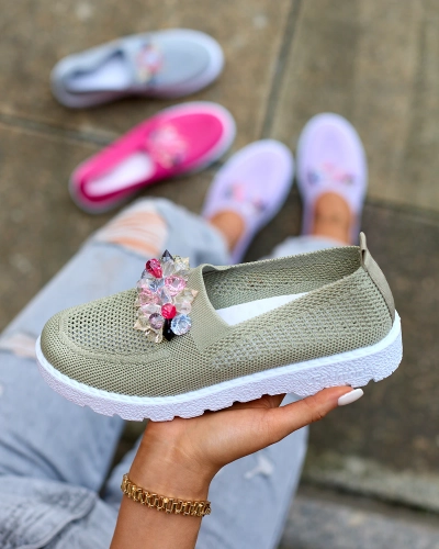Royalfashion Khaki Damen Stoff Mokassins mit Kristallen Fezens