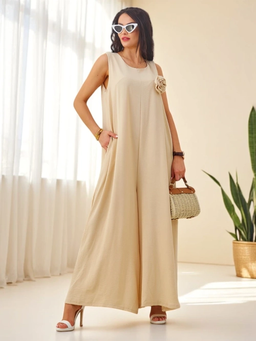 Jumpsuit Літній Довгий На Бретельках Marcellina Бежевий Віскоза