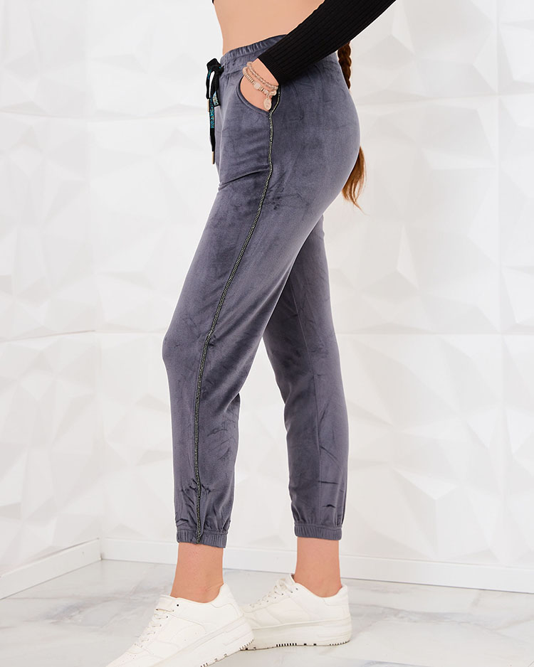 Royalfashion Graue Velours-Damen-Sweatpants mit Zirkonen