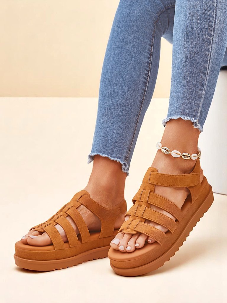 Callista Camel Damen Plateausandalen von Royalfashion aus ökologischem Leder