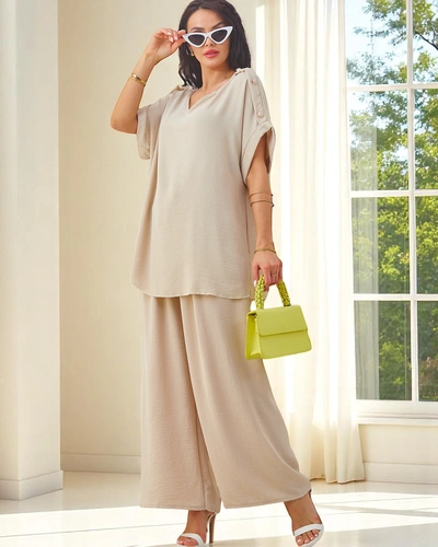 Royalfashion Damen Baumwollset mit kurzen Ärmeln und ausgestellten Hosen