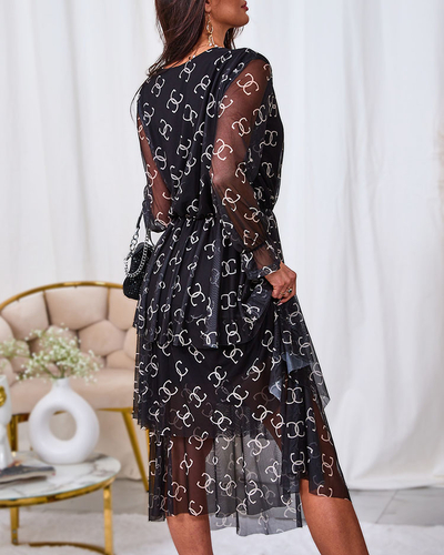 Royalfashion Schwarzes Midikleid aus Mesh mit Print