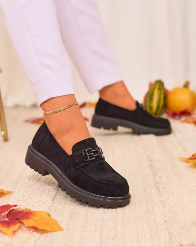 Royalfashion Damen Öko-Wildleder Mokassins mit Ornament in schwarz Aderti