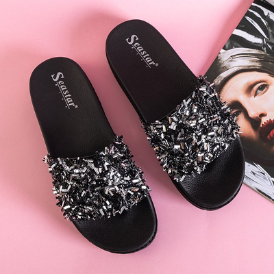 OUTLET Schwarze Damen-Plateau-Slipper mit Lomine-Zirkonia - Schuhe