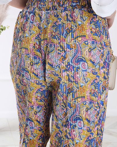 Gemusterte Damenhose mit weitem Bein in Gelb- Kleidung