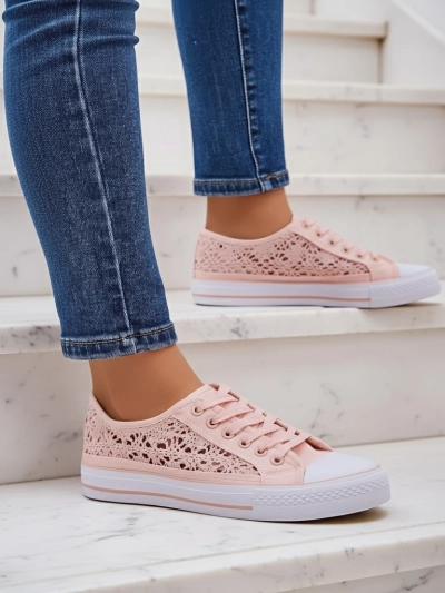 Rosa Damen-Sneakers Stoff Kalipso – Ajour-Sneakers mit flacher Sohle