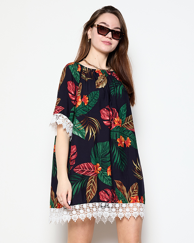 Marineblaue Damenbluse mit Blumen GROSSE GRÖSSE - Kleidung