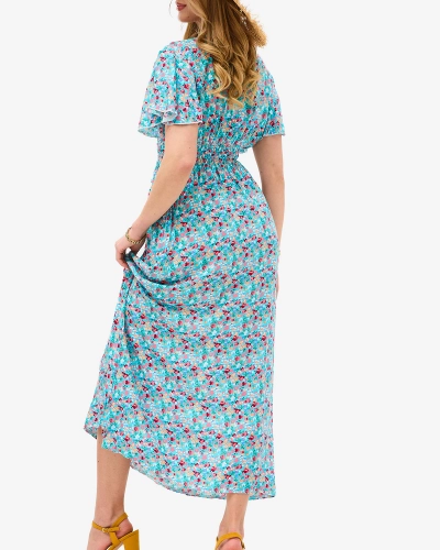 Blaues Damen-Midikleid mit Umschlagausschnitt - Kleidung