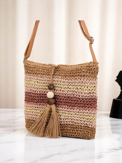 Royalfashion Kleine Strohtasche für Damen mit Streifen-Charm Mini