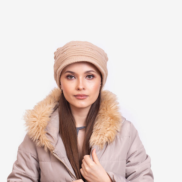 Beige warme Damenmütze mit Perlen - Accessoires