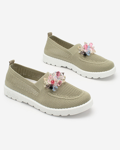 Royalfashion Khaki Damen Stoff Mokassins mit Kristallen Fezens