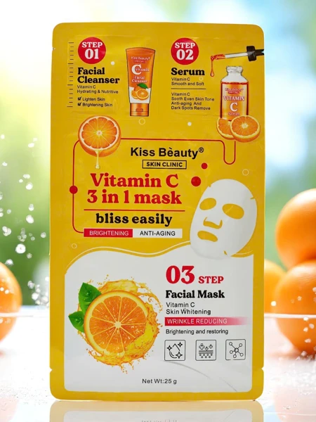 3-in-1 Maske – 1 Reinigung des Gesichts, 2 Serum, 3 aufhellende Maske mit Vitamin C