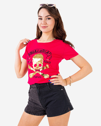 Fuchsia Damen-T-Shirt mit Pailletten und Aufschrift - Kleidung