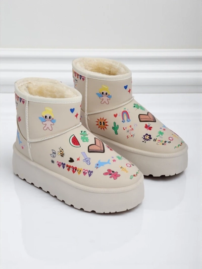 Lemuria Stiefeletten - Cremefarbene Doodle Schneestiefel mit dicker Furrini Sohle