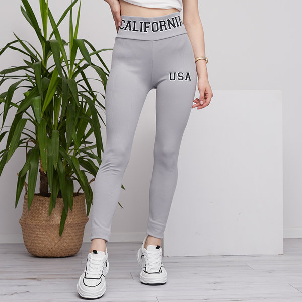 Hellgraue Ripp-Leggings für Damen mit Aufschriften - Kleidung