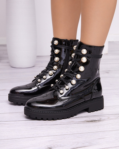 Schwarz lackierte Damenstiefel mit Redias-Perlen - Schuhe
