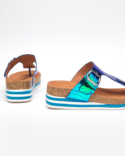 Blaue holografische Damen-Flip-Flops auf dem Keilabsatz Firio - Schuhe