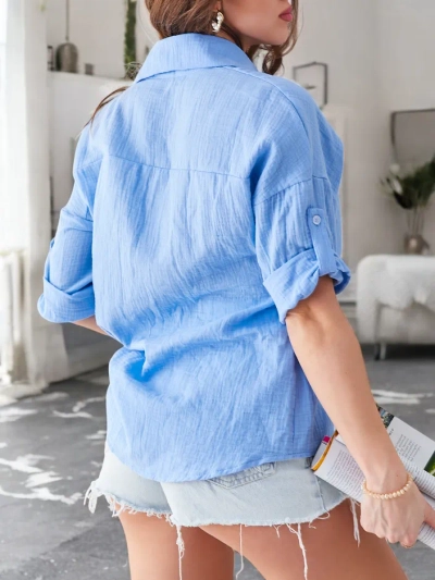 Royalfashion Baumwollbluse für Damen mit Prägung, V-Ausschnitt und 3/4-Ärmeln