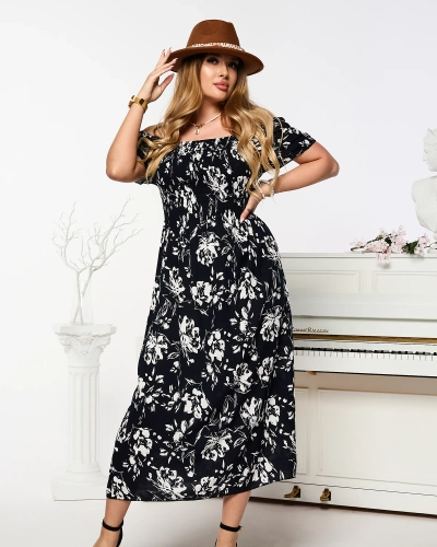 Schwarzes Damen-Midikleid mit floralem Muster - Kleidung