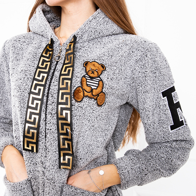 Grauer Damen Hoodie aus Plüsch mit Reißverschluss und Teddybär-Aufnähern - Kleidung