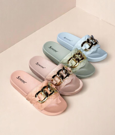 Koralle Damen gesteppte Flip-Flops mit goldener Kette Eteris - Schuhe