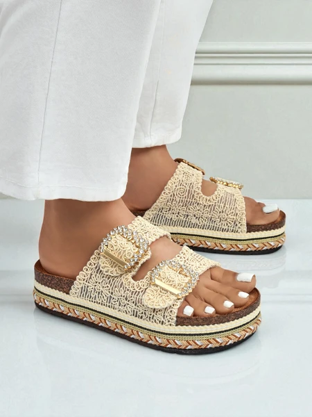 Royalfashion Damen-Pantoletten mit Strassschnallen GlamCork