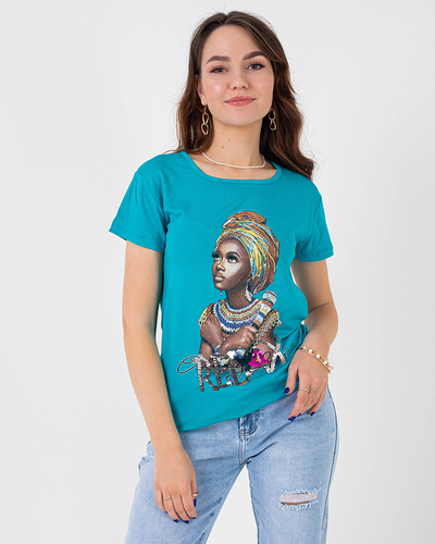Blaues Damen-T-Shirt mit farbigem Aufdruck und Pailletten - Kleidung